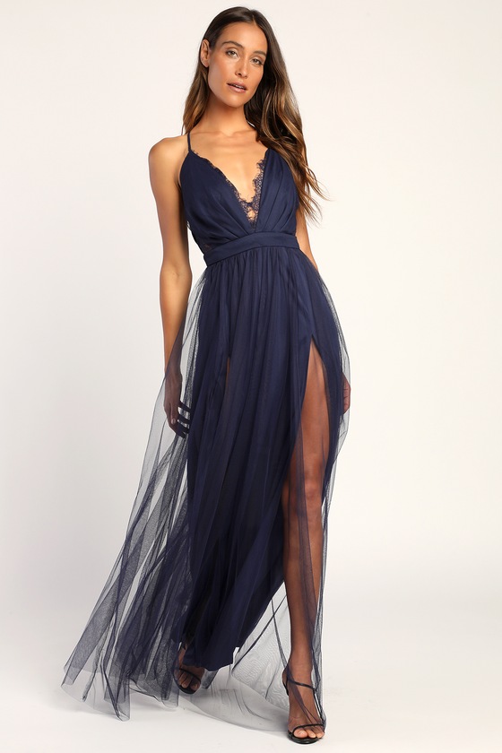 Navy Blue Tulle Dress - Sleeveless Maxi ...
